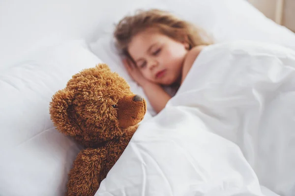 Doce Menina Está Dormindo Com Seu Ursinho Pelúcia Cama Casa — Fotografia de Stock