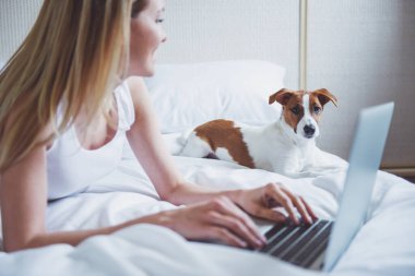 Güzel sarışın kız rahat kıyafetler içinde onun sevimli köpek yatakta yatan ise bir laptop kullanıyor. Evde beslenen hayvan kameraya bakıyor