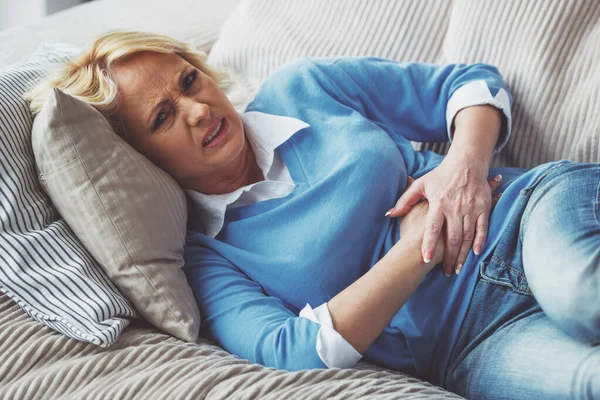 Beautiful Tired Old Woman Casual Clothes Having Stomach Ache While — Stock Photo, Image