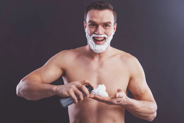 Handsome Naked Man Applying Shaving Foam His Face Looking Camera — Stock Photo, Image