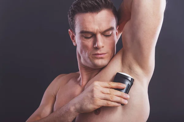 Portrait Handsome Naked Man Using Antiperspirant Dark Background — Stock Photo, Image