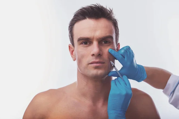 Retrato Homem Bonito Com Injeções Botox Isolado Fundo Branco — Fotografia de Stock