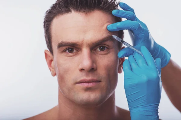 Retrato Homem Bonito Com Injeções Botox Isolado Fundo Branco — Fotografia de Stock