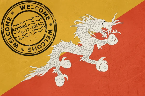 Welkom in bhutan vlag met paspoort stempel — Stockfoto