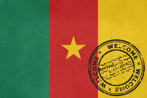 欢迎来到喀麦隆国旗与护照上的印章 — 图库照片