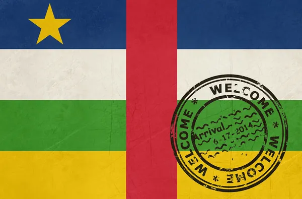 에 오신 것을 환영 합니다 여권 스탬프와 중앙 아프리카 공화국 깃발 — 스톡 사진