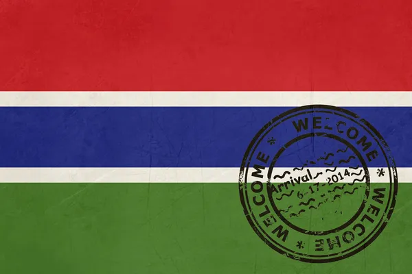 Willkommen in Gambia Flagge mit Passstempel — Stockfoto