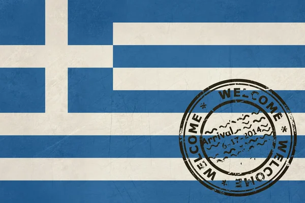 Welkom in Griekenland vlag met paspoort stempel — Stockfoto