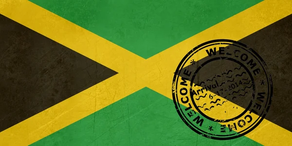 에 오신 것을 환영 합니다 여권 스탬프와 자메이카 국기 — 스톡 사진