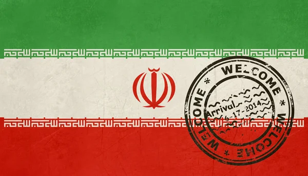 Willkommen bei iranischer Flagge mit Passstempel — Stockfoto