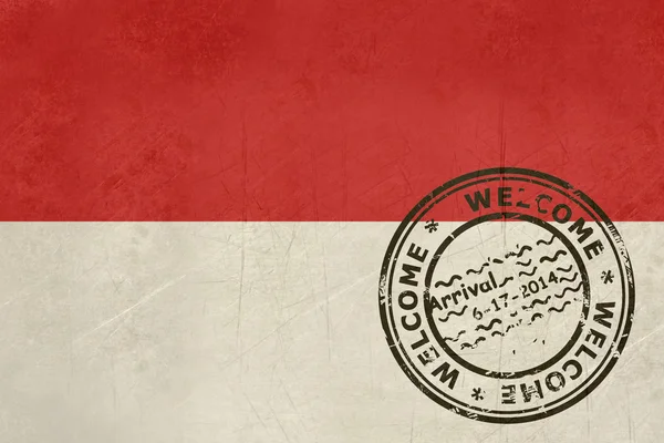 에 오신 것을 환영 합니다 여권 스탬프와 인도네시아 깃발 — 스톡 사진
