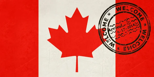 Bienvenue au Canada drapeau avec timbre-passeport — Photo