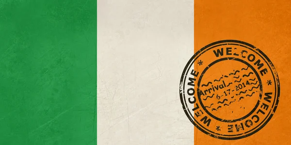 Bienvenue en Irlande drapeau avec timbre passeport — Photo