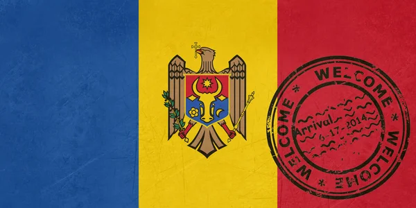 Willkommen in der moldawischen Flagge mit Passstempel — Stockfoto