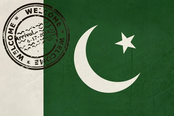 에 오신 것을 환영 합니다 여권 스탬프와 파키스탄 국기 — 스톡 사진