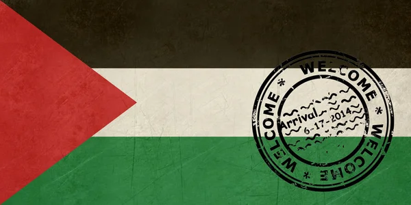 Welkom in Palestina vlag met paspoort stempel — Stockfoto