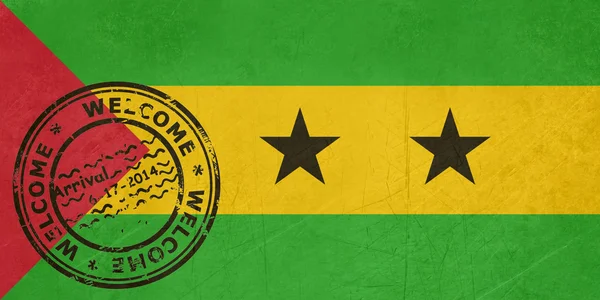 Bem-vindo ao São Tomé e Príncipe bandeira com carimbo de passaporte — Fotografia de Stock