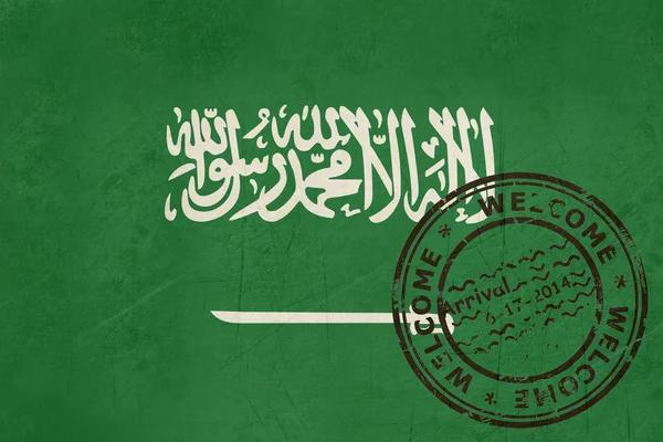 Добро пожаловать на флаг Саудовской Аравии с штампом паспорта — стоковое фото