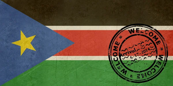 Willkommen zur Südsudan-Flagge mit Passstempel — Stockfoto
