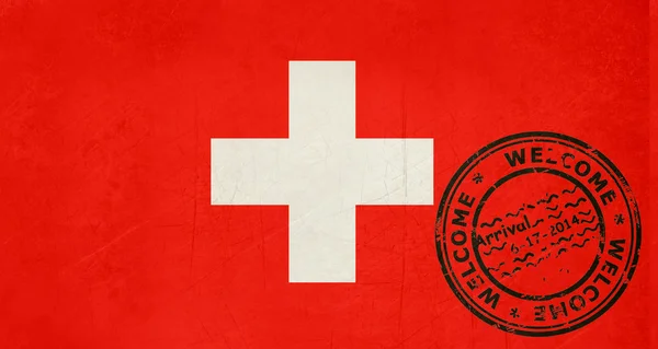 パスポートのスタンプとスイス連邦共和国の旗へようこそ — ストック写真