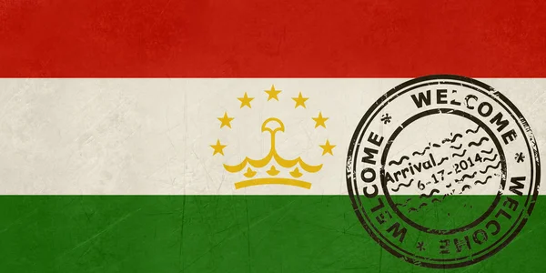 欢迎来到塔吉克斯坦国旗与护照上的印章 — 图库照片