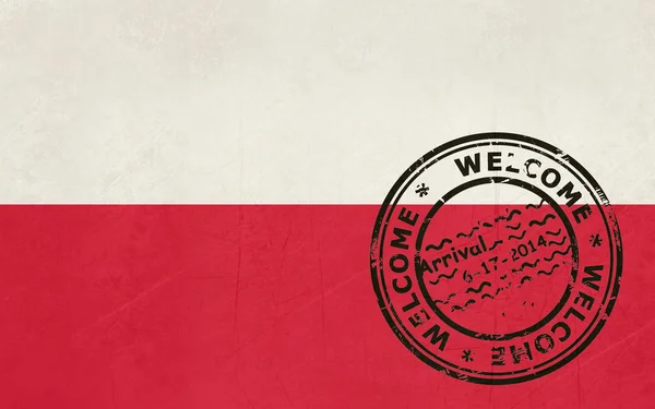 Bem-vindo à bandeira da Polónia com carimbo de passaporte Imagem De Stock