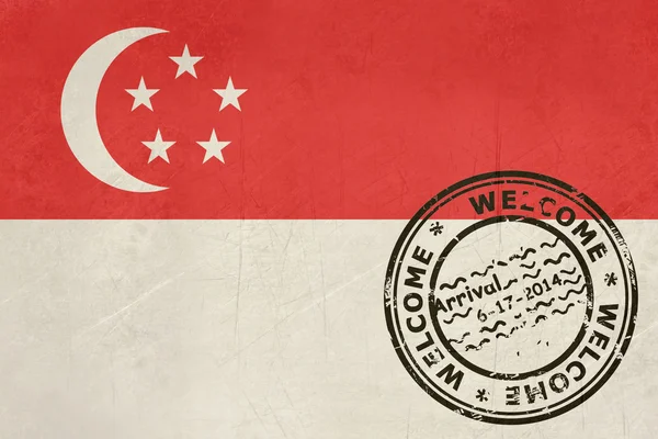 Bem-vindo à bandeira de Singapura com carimbo de passaporte Imagem De Stock