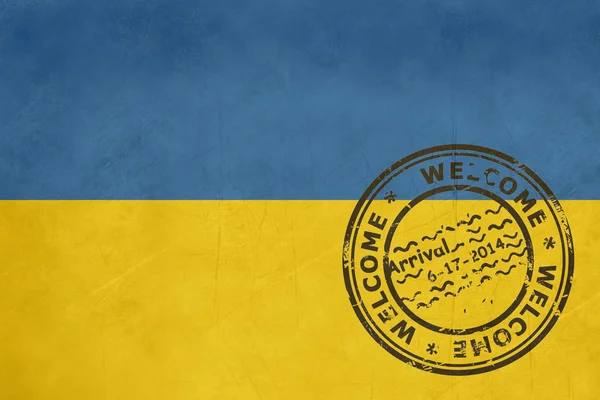 Добро пожаловать на флаг Украины с штампом паспорта — стоковое фото