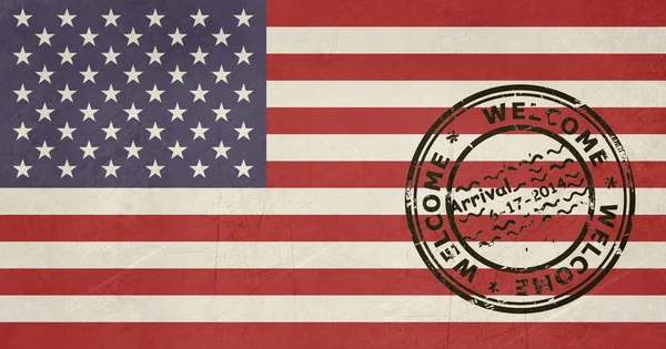Willkommen in den Vereinigten Staaten von Amerika Flagge mit Passstempel — Stockfoto