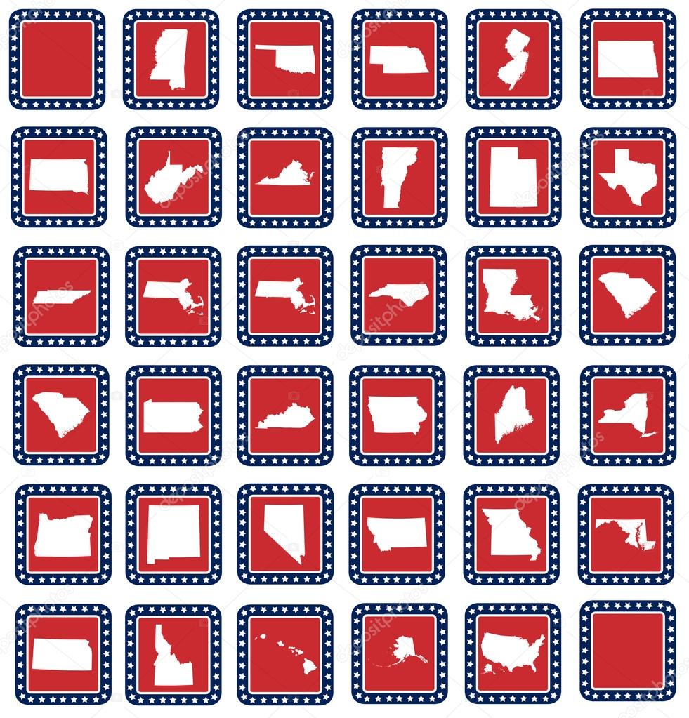 Set of American state map buttons