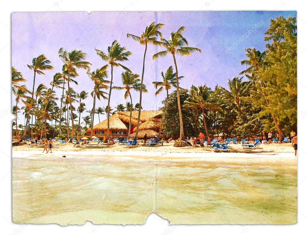 Rest on the beach. The postcard, in a stylized retro style. Isol