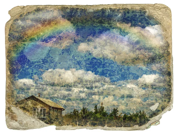 Design retrò - cielo, nuvole, arcobaleno, casa . — Foto Stock