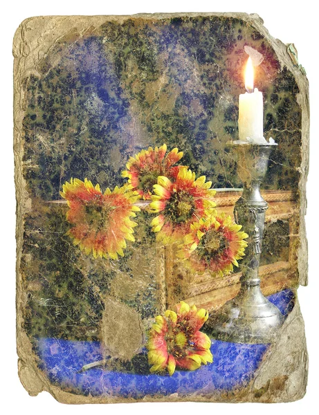 Retro design Still-life - flowers and a candle — Stock Photo, Image