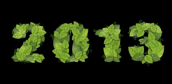 Nuevo año 2013. Fecha forrada de hojas verdes con gotas de rocío . — Foto de Stock