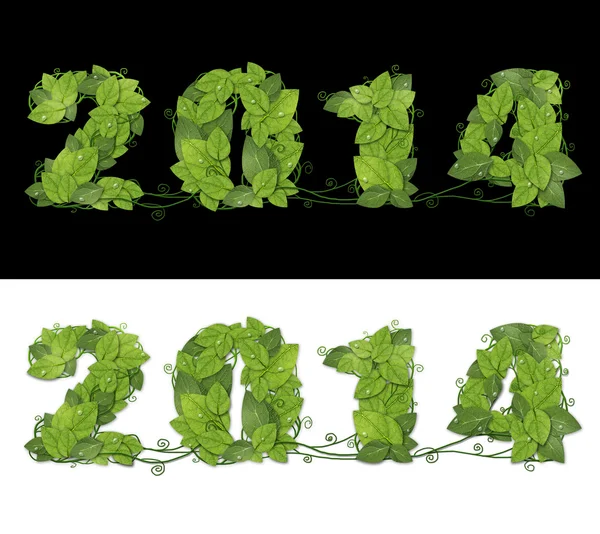 Nouvel an 2014. Date bordée de feuilles vertes avec des gouttes de rosée . — Photo