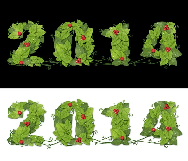 Nuevo año 2014. Fecha forrada de hojas verdes con gotas de rocío y rojo — Foto de Stock