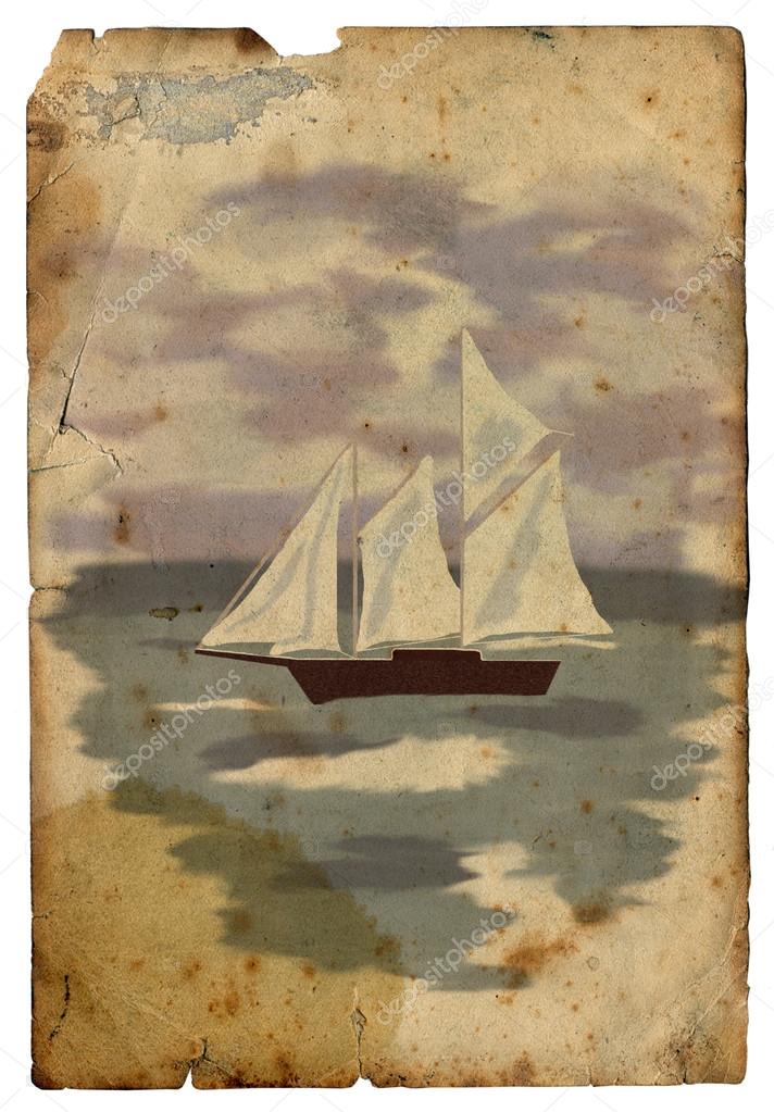 sailboat at sea. Old postcard. Isolated