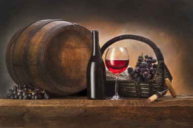 Stilleven met rode wijn en oude vat