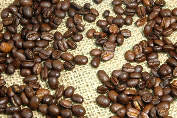 Kaffebönor på säckväv — Stockfoto
