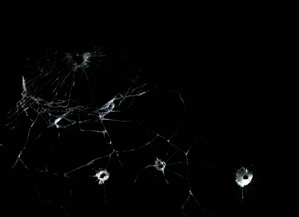 Crack Broken Glass Mirror Black Background Lines Fragments Bullet Hole — Stock Photo, Image