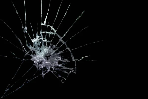 Crack Broken Glass Mirror Black Background Lines Fragments Bullet Hole — Stockfoto