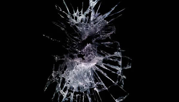 Crack Broken Glass Mirror Black Background Lines Fragments Bullet Hole — Stockfoto