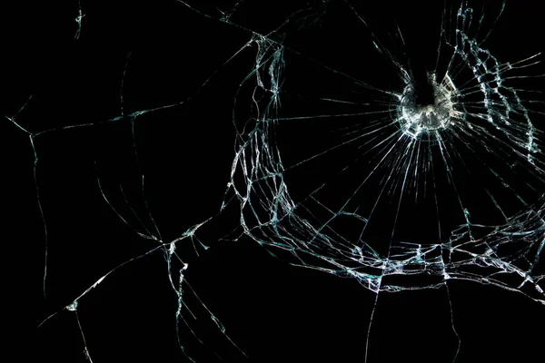 Crack Broken Glass Mirror Black Background Lines Fragments Bullet Hole — Stock Photo, Image