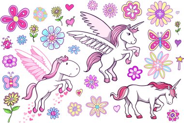 Tek boynuzlu at pegasus fairytale bahar vektör ayarla