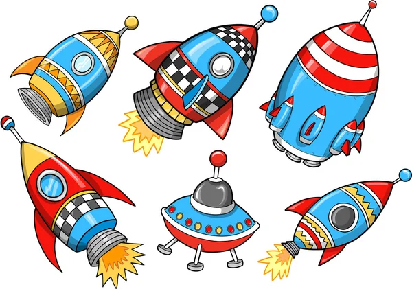 Cute Super Rocket Vector Illustration Set — Stock Vector