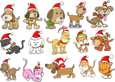 evde beslenen hayvan vektör kümesi Noel tatil köpek ve kedi