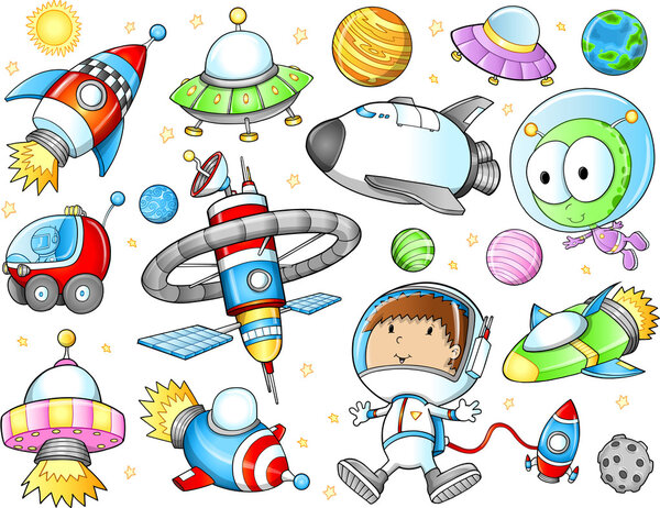 Outer Space Spaceships and Astronaut Vector Set