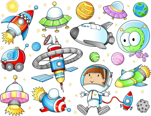 Outer space ruimteschepen en astronaut vector set Rechtenvrije Stockillustraties