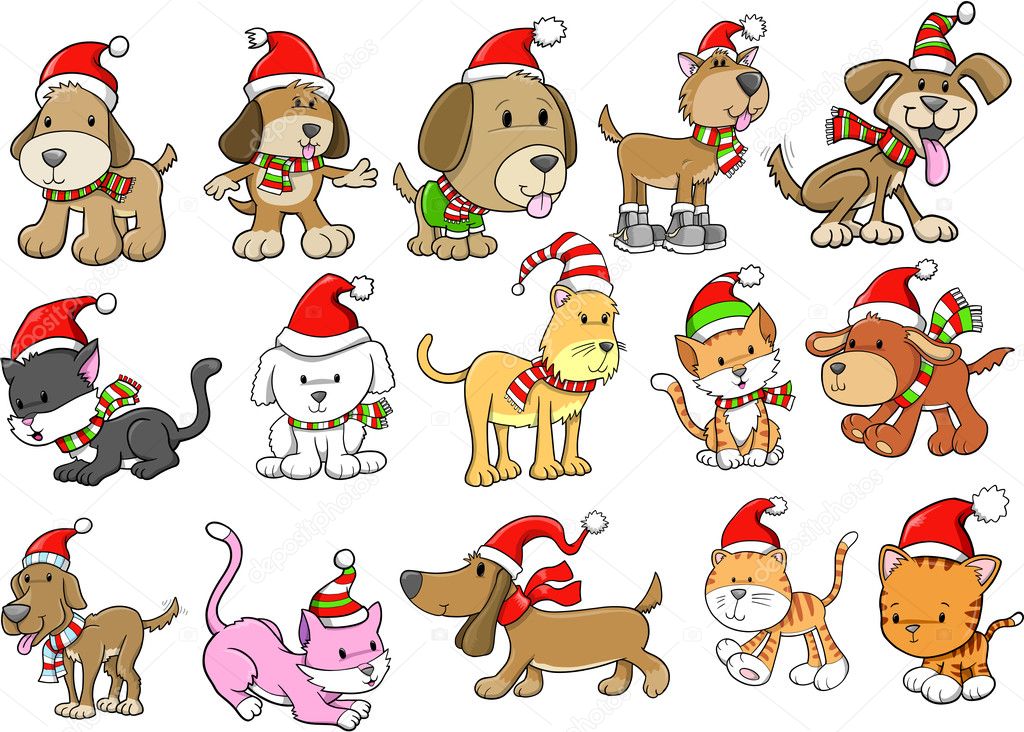 Christmas Holiday Dog and Cat Pet Vector Set