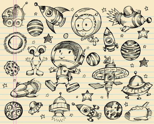 Espacio exterior Doodle Sketch Vector Illustration Set — Vector de stock